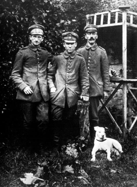 three men and dog in field